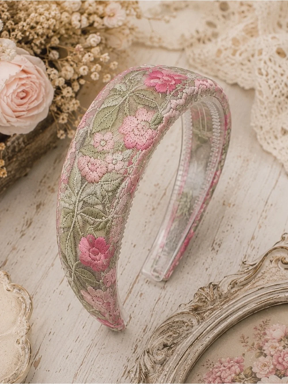 Embroidered Floral Sheer Headband | Pink & Sage Green | Cottagecore Romantic